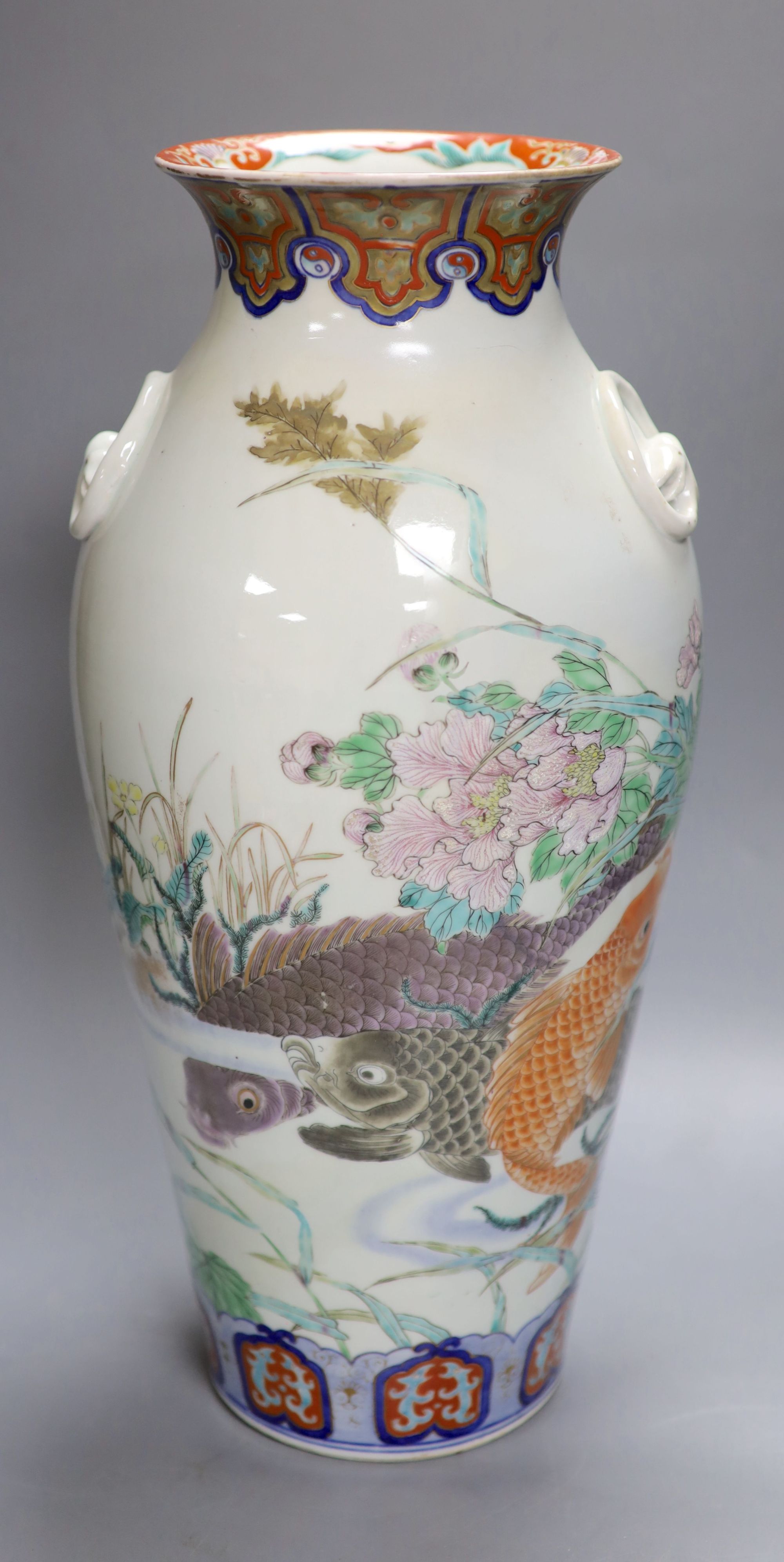 A Japanese Fukagawa koransha carp vase and a similar Imari dish, tallest 45cm